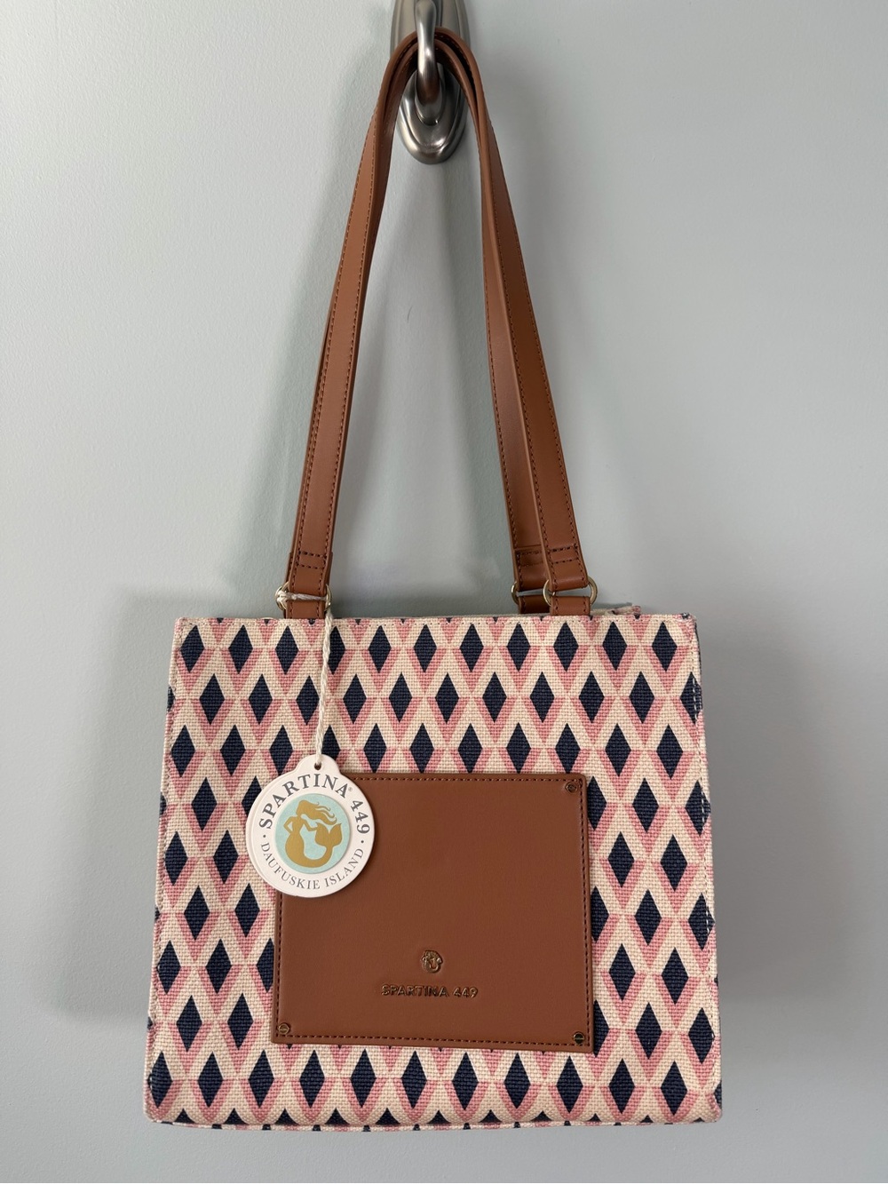 NWT Spartina 449 Pink & Navy Geometric Shoulder Tote with Brown Trim